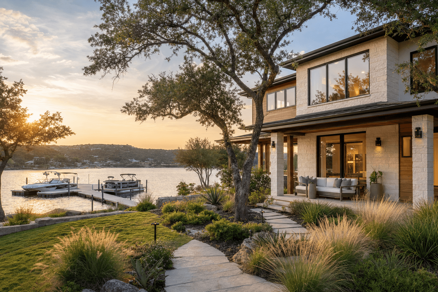 Modern Texas lakeside home with a private dock and boats at golden hour