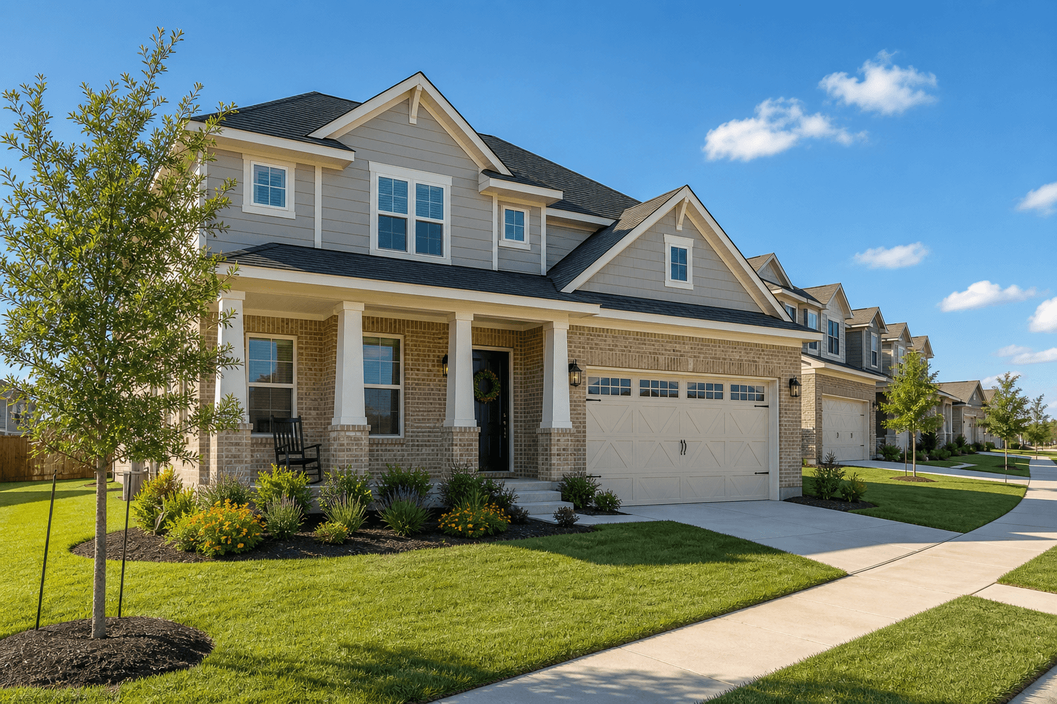 Two-story suburban family home on a quiet Hutto, Texas street