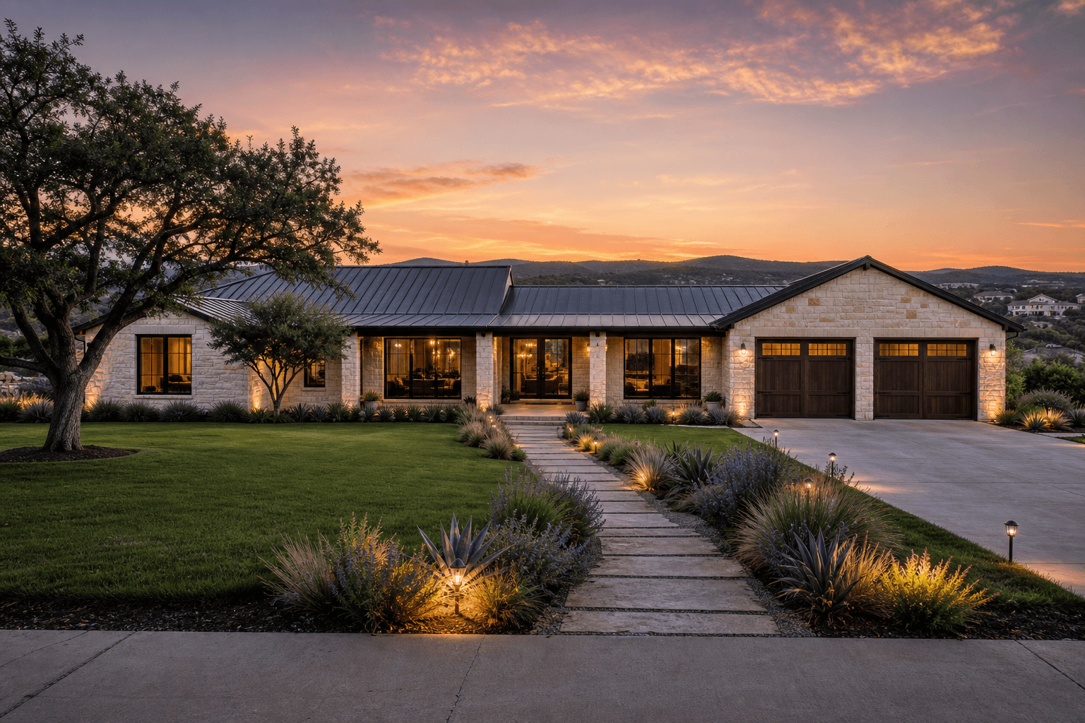 Single-story Texas ranch-style home on a suburban lot at calm sunset